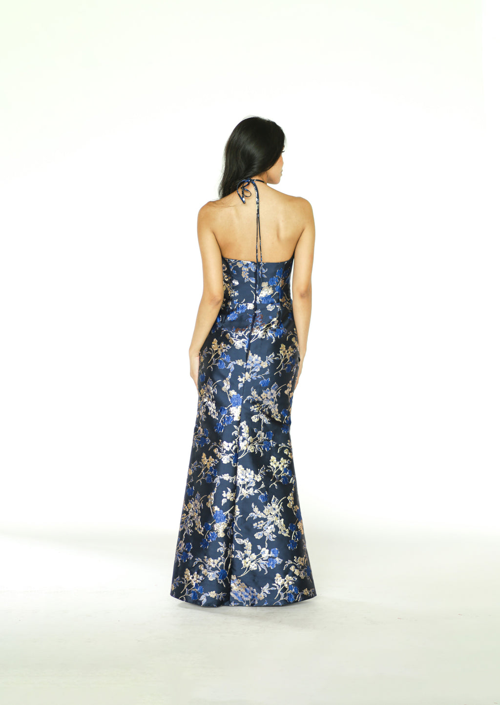 Navy Blue Formal Gown with Gold Floral Detail