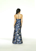 Navy Blue Formal Gown with Gold Floral Detail
