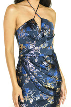 Navy Blue Formal Gown with Gold Floral Detail
