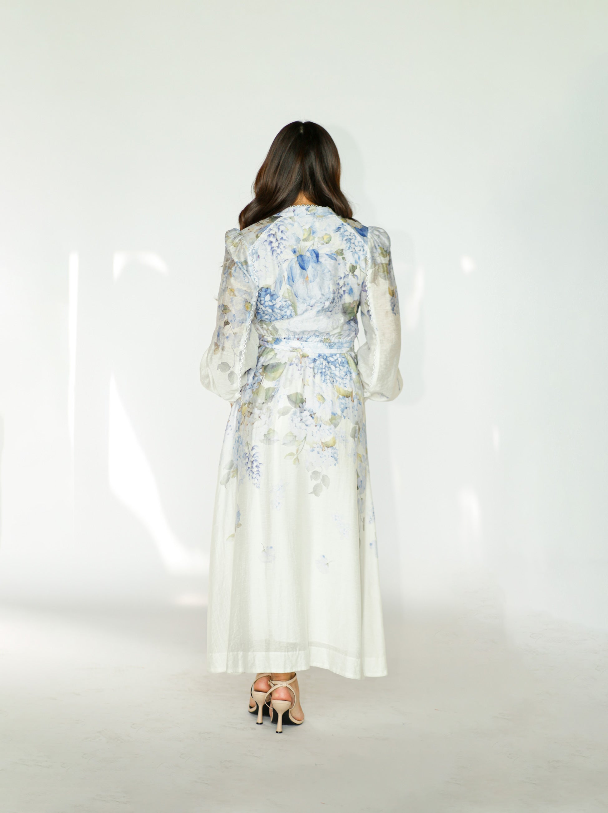 Long Sleeves Blue Floral Midi Dress