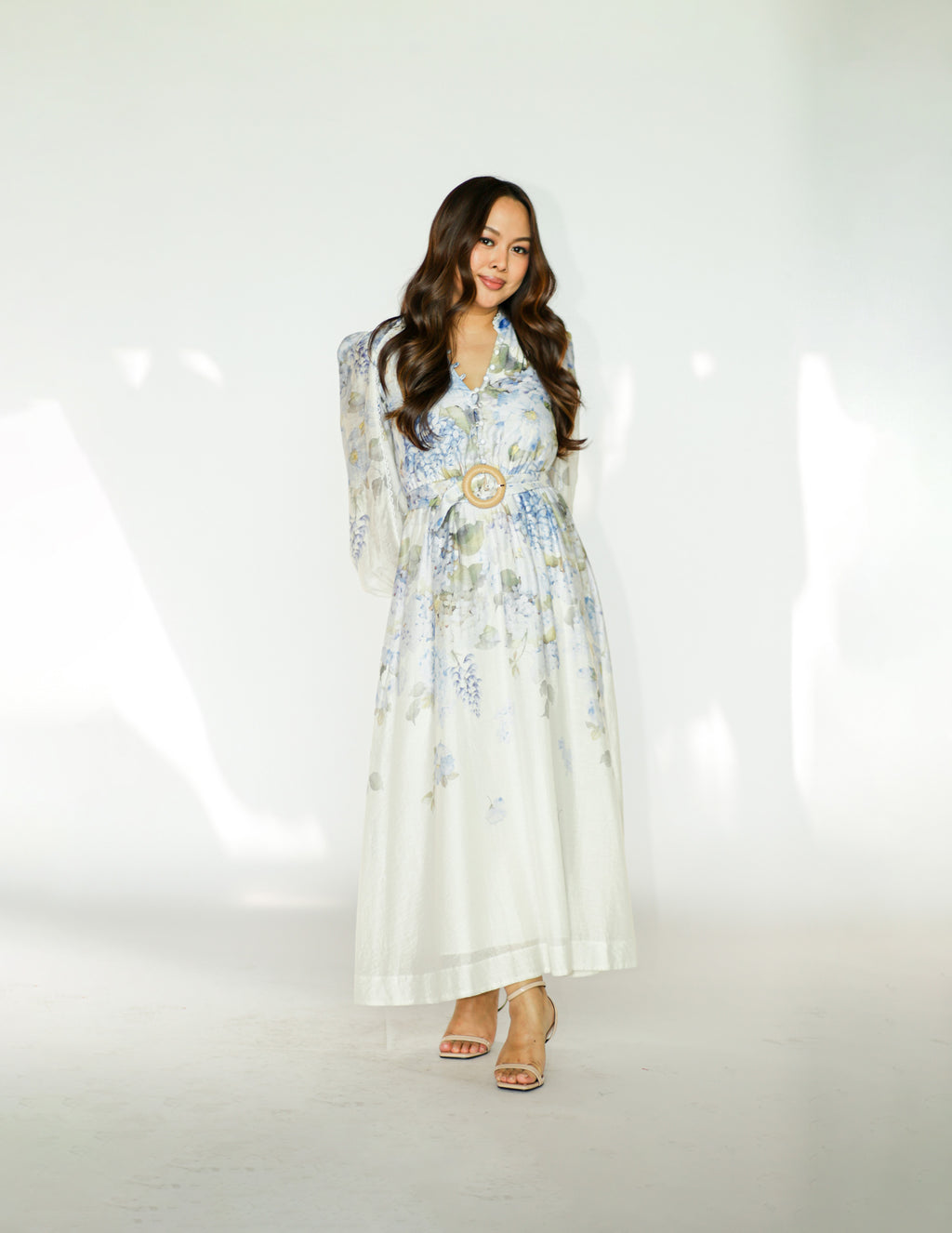 Long Sleeves Blue Floral Midi Dress