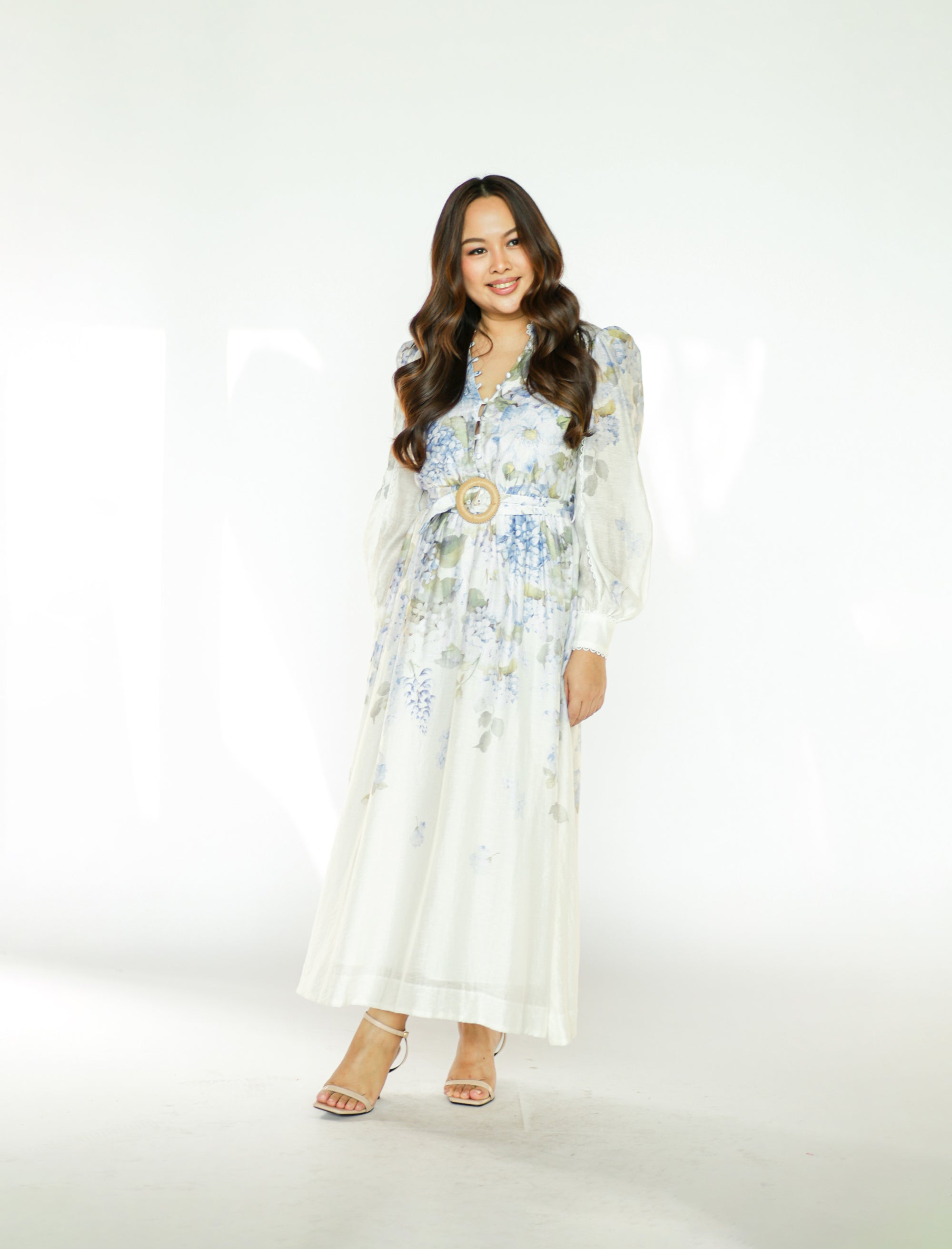 Long Sleeves Blue Floral Midi Dress