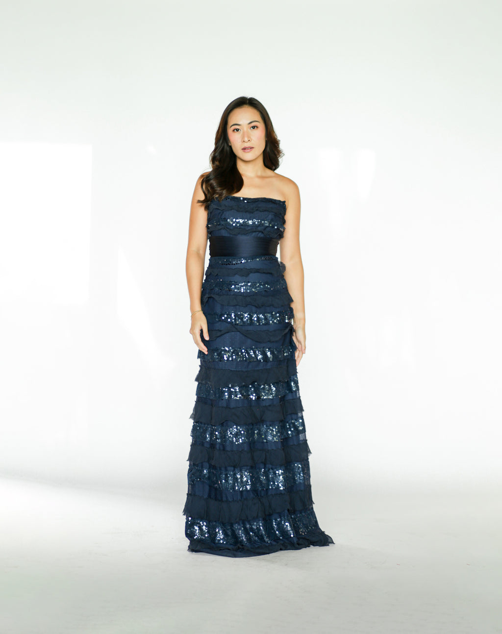 Navy Blue Sequins and Tulle Maxi Dress