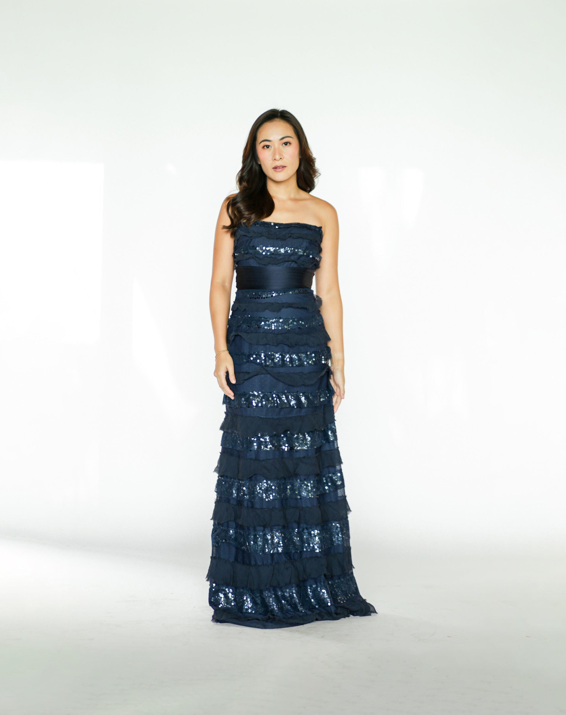 Navy Blue Sequins and Tulle Maxi Dress