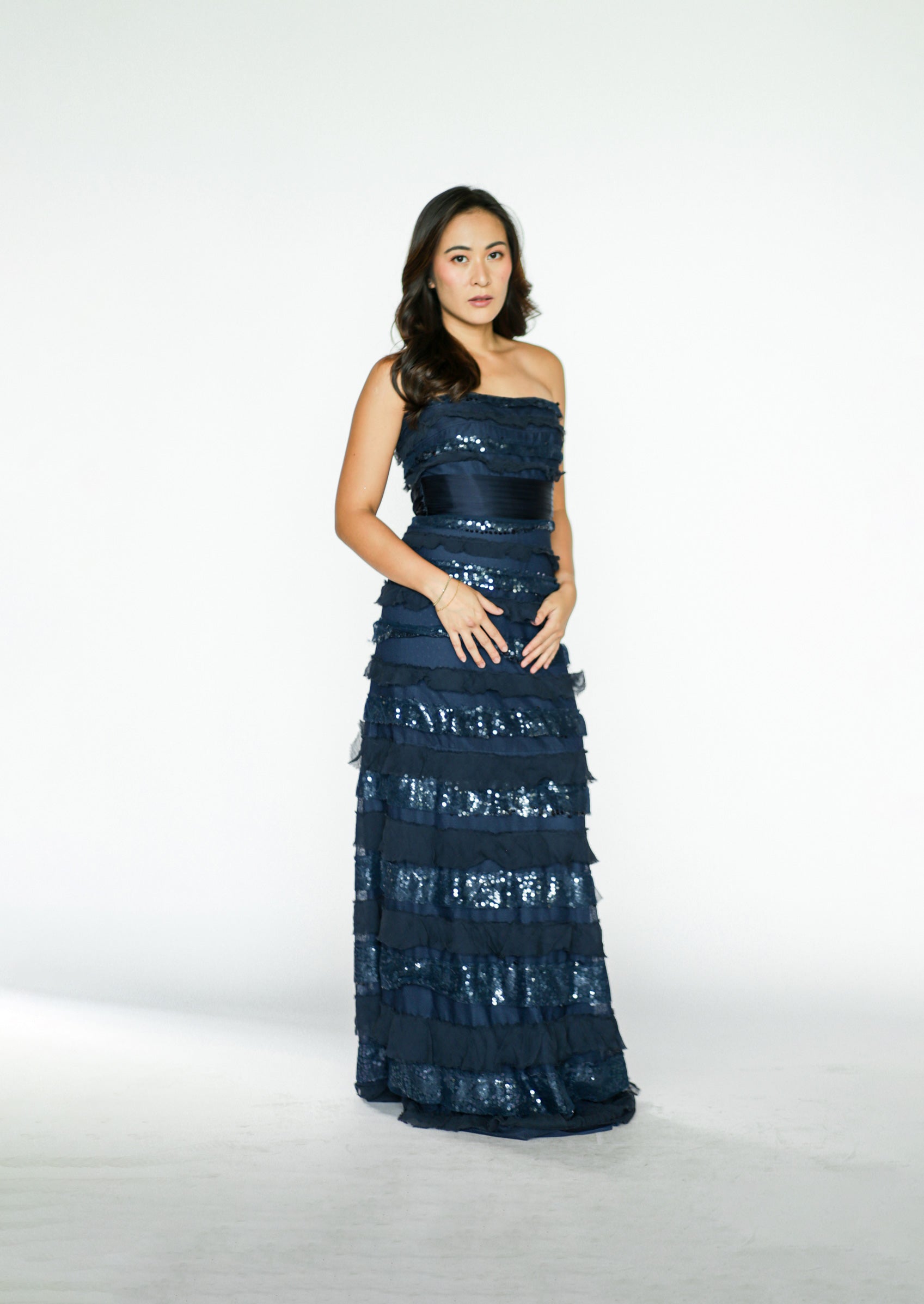 Navy Blue Sequins and Tulle Maxi Dress