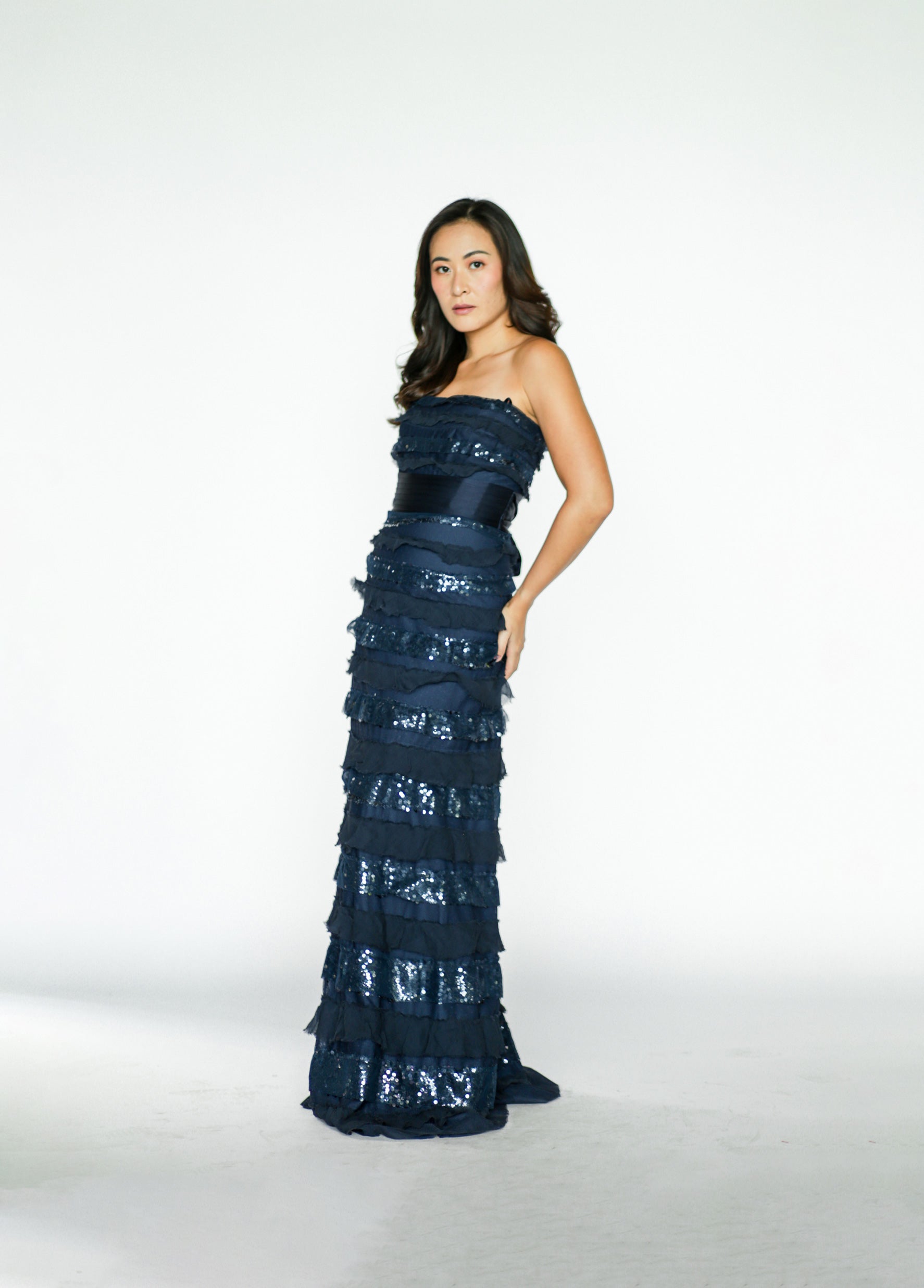 Navy Blue Sequins and Tulle Maxi Dress