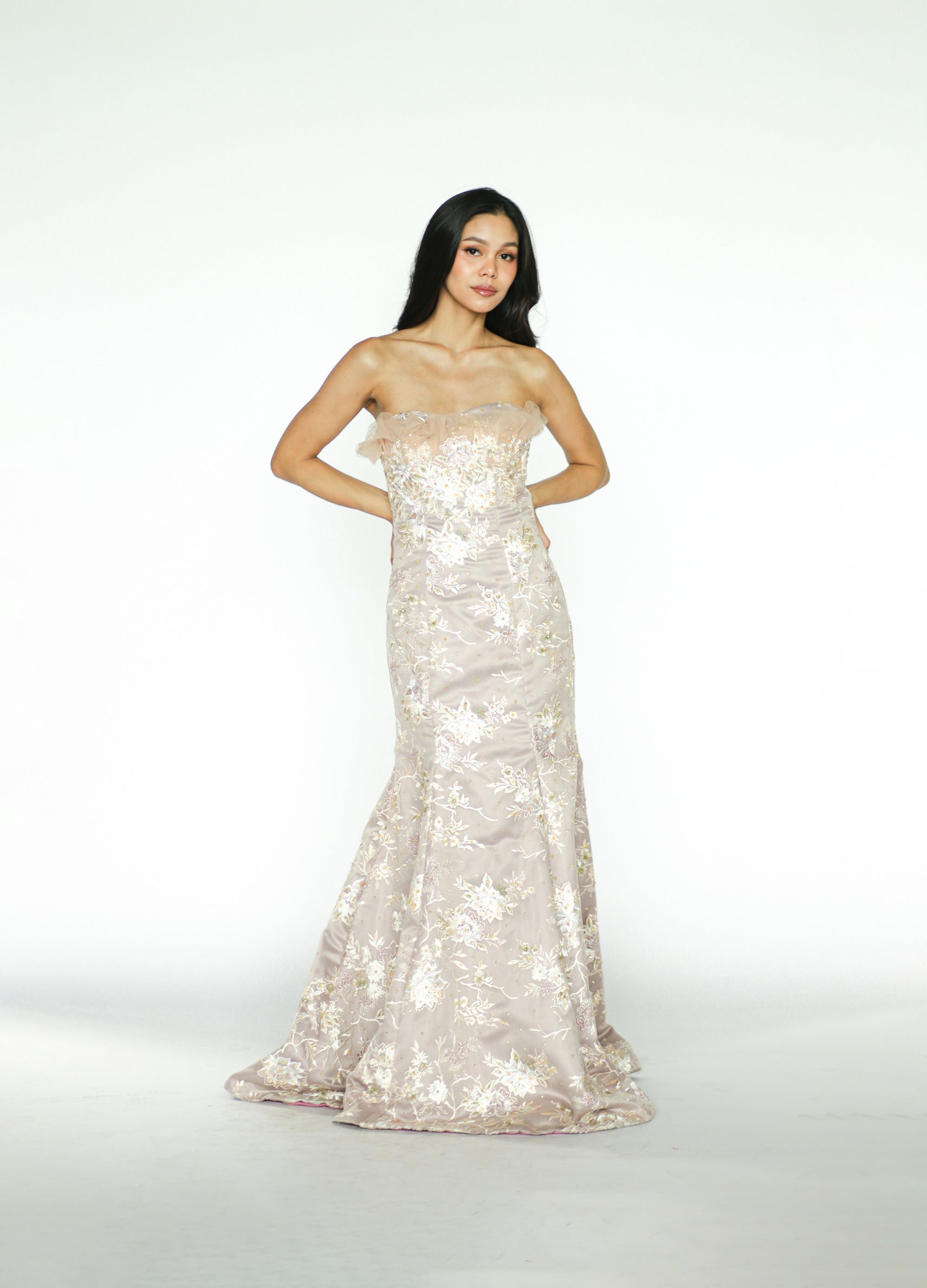 Nude Formal Gown with Floral Appliqué