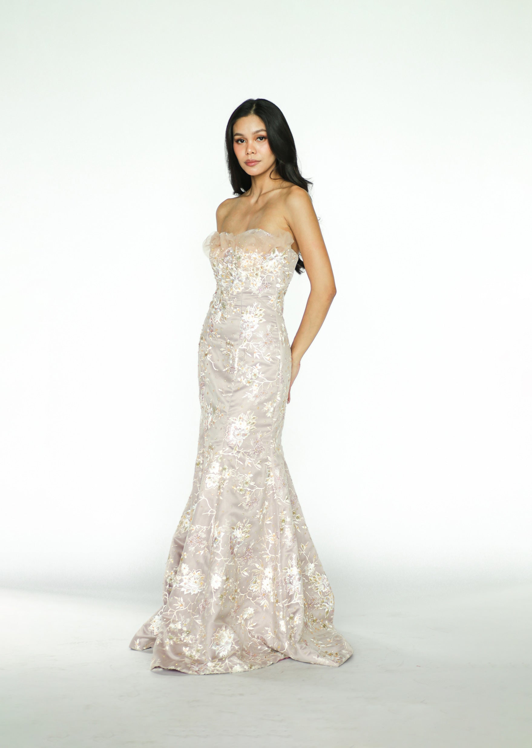 Nude Formal Gown with Floral Appliqué