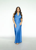 Blue Satin Halter Maxi Dress