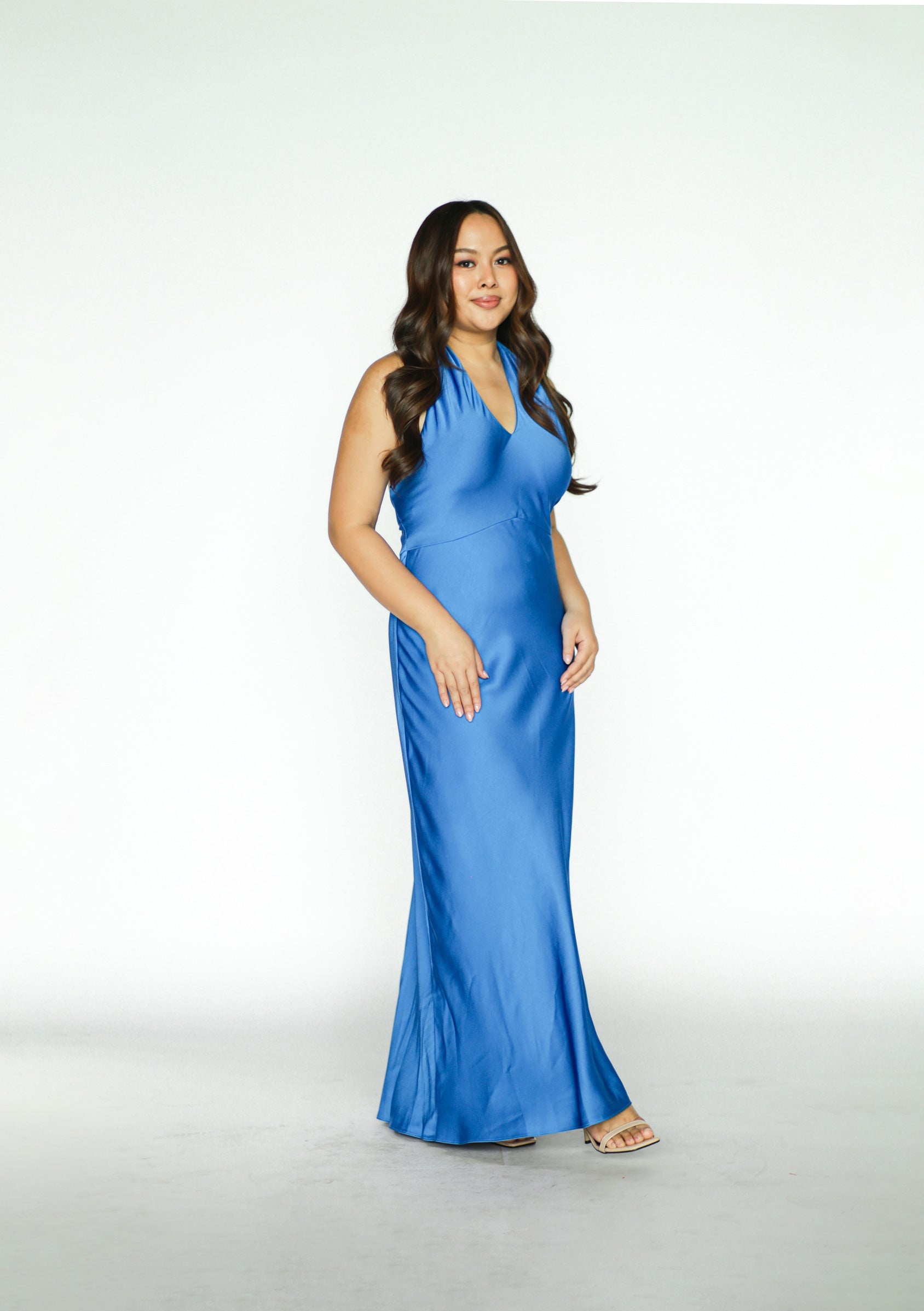 Blue Satin Halter Maxi Dress