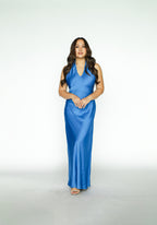 Blue Satin Halter Maxi Dress