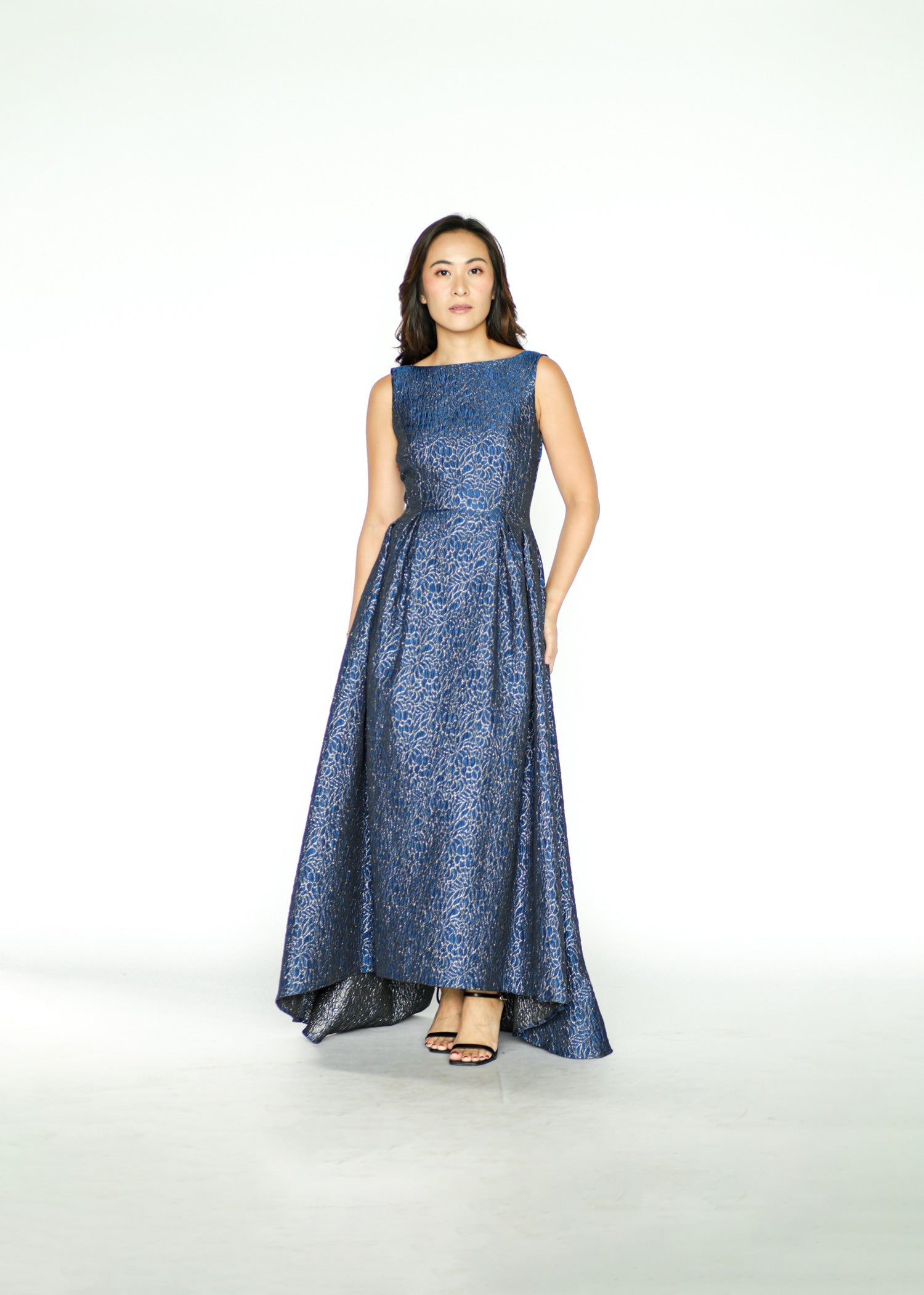 Midnight Blue Embossed Floral Shimmery Gown