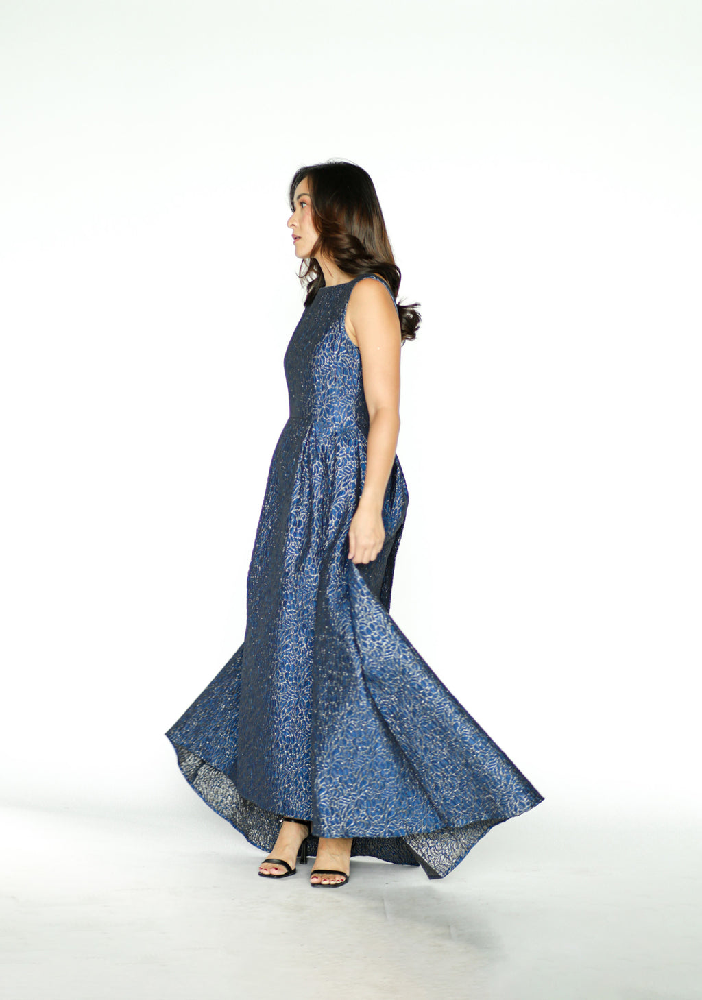 Midnight Blue Embossed Floral Shimmery Gown