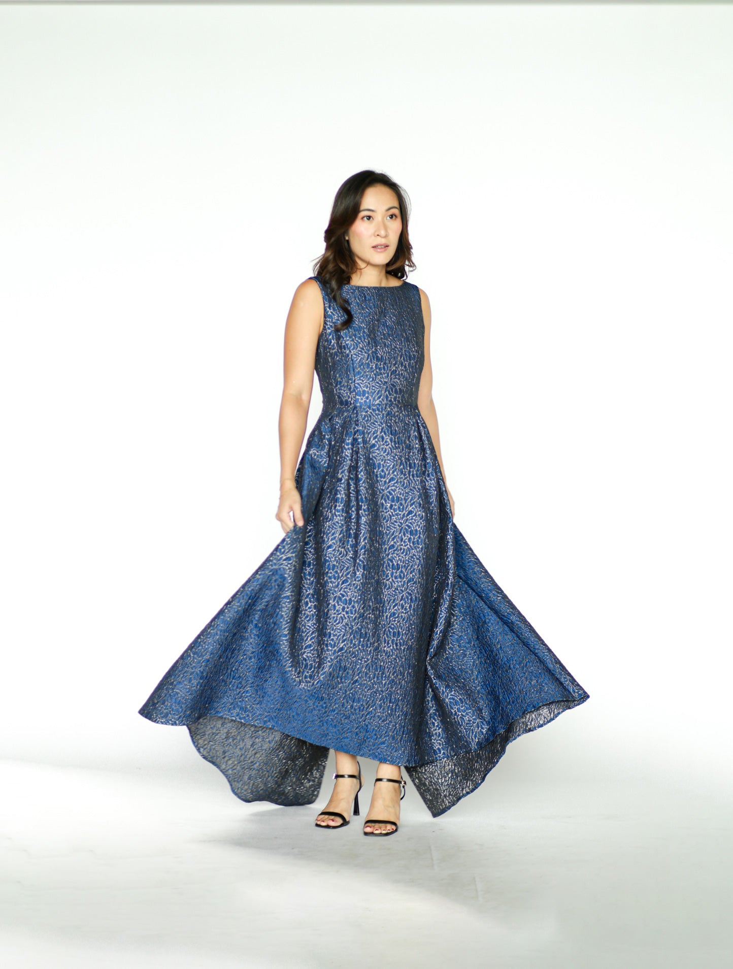 Midnight Blue Embossed Floral Shimmery Gown