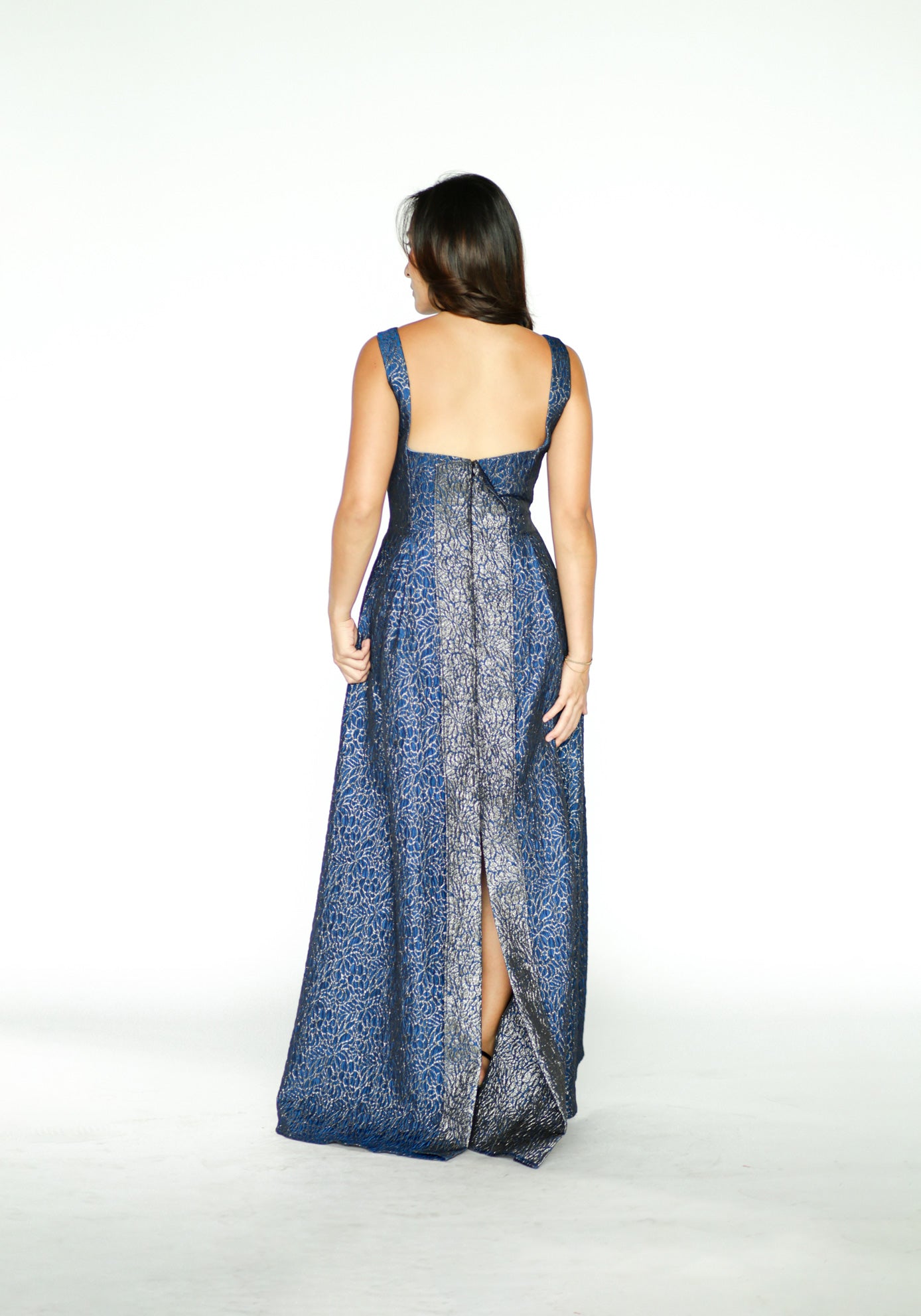 Midnight Blue Embossed Floral Shimmery Gown