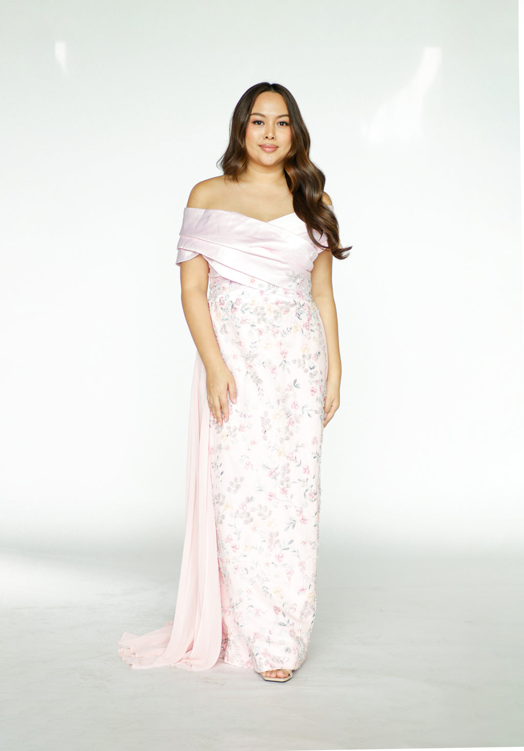 Pink Off Shoulder Formal Gown with Floral Details