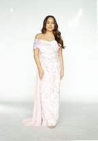 Pink Off Shoulder Formal Gown with Floral Details