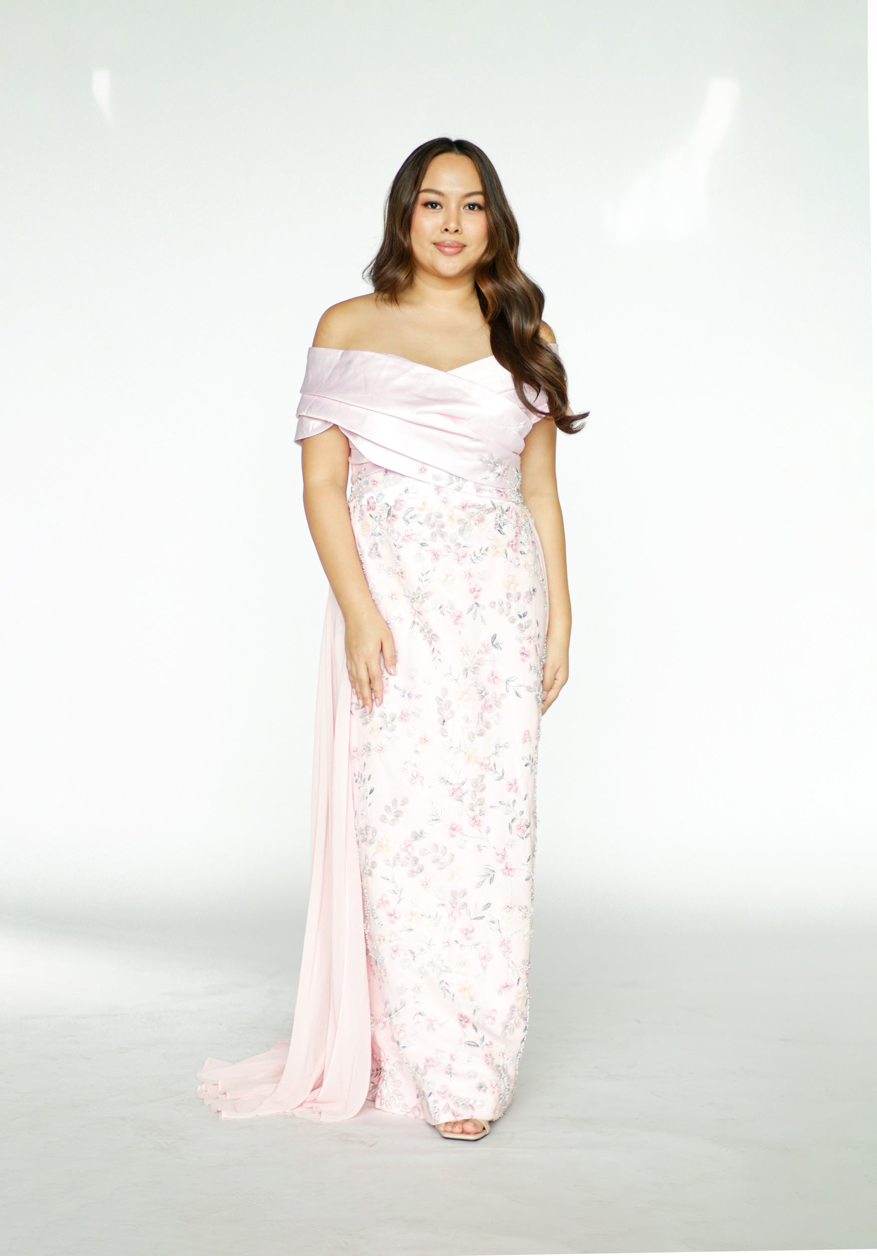Pink Off Shoulder Formal Gown with Floral Details