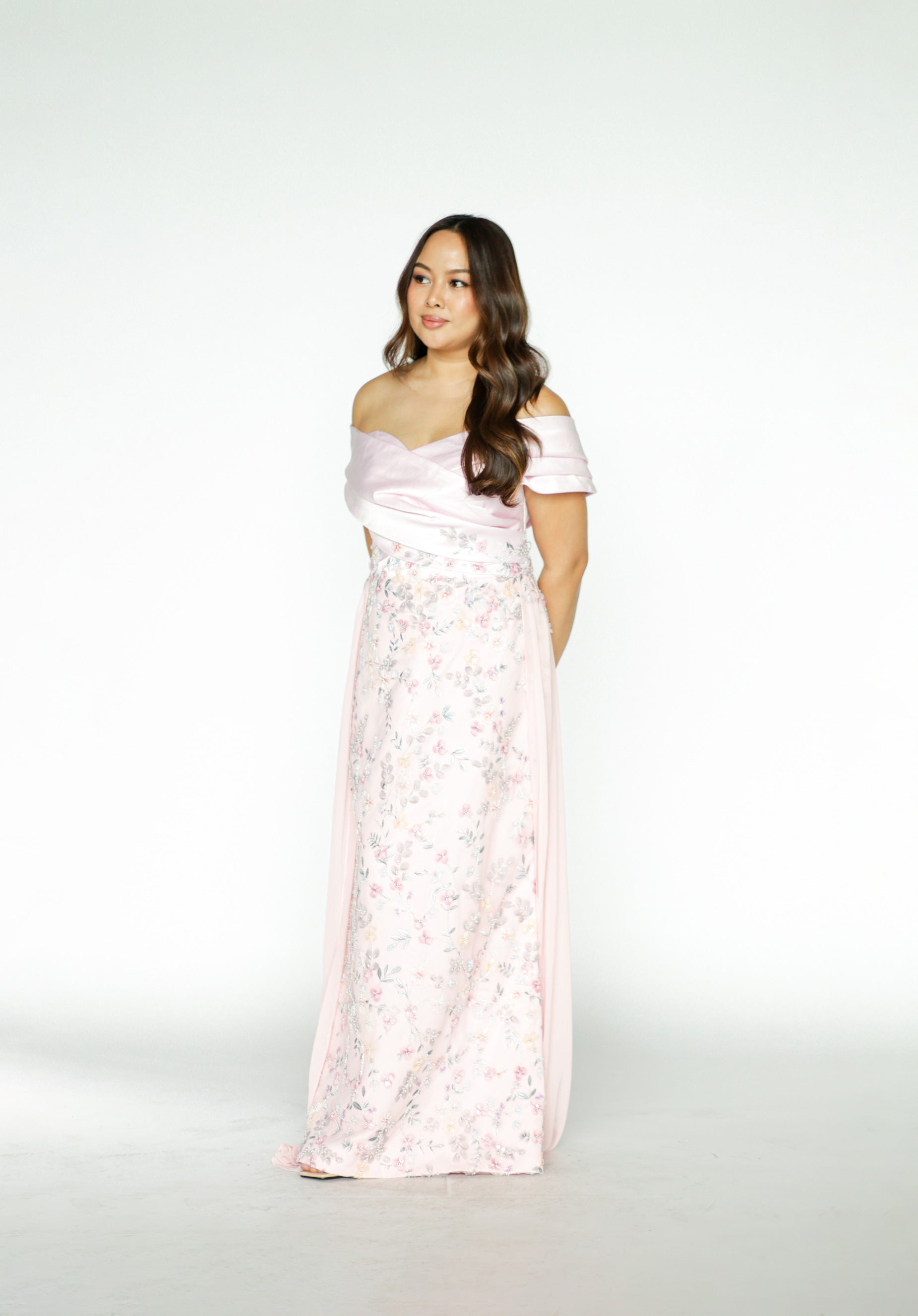 Pink Off Shoulder Formal Gown with Floral Details