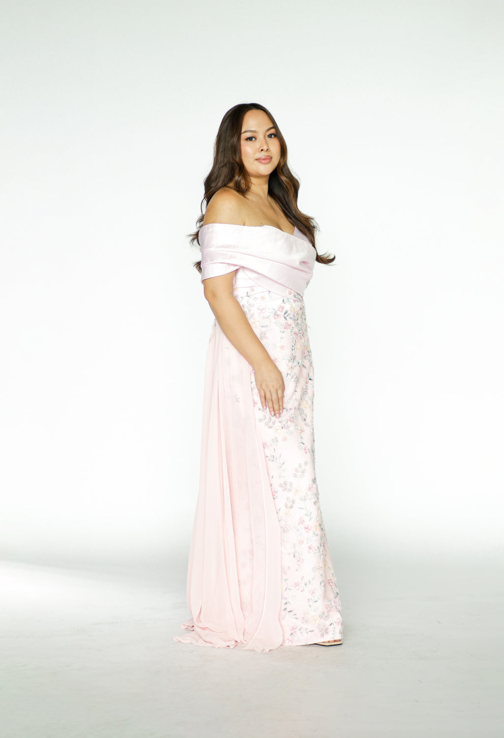 Pink Off Shoulder Formal Gown with Floral Details