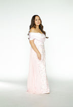 Pink Off Shoulder Formal Gown with Floral Details