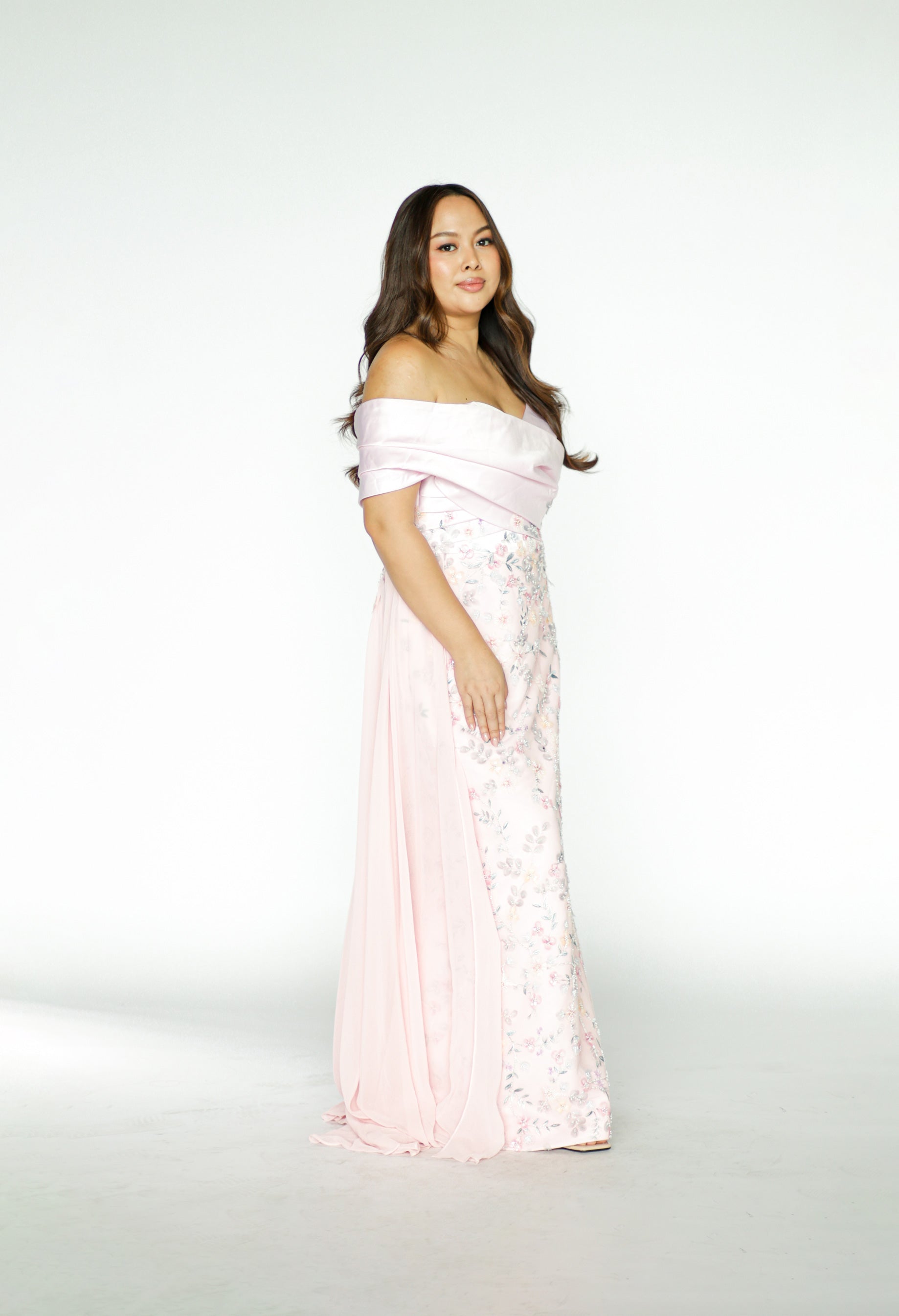 Pink Off Shoulder Formal Gown with Floral Details