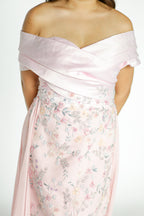 Pink Off Shoulder Formal Gown with Floral Details