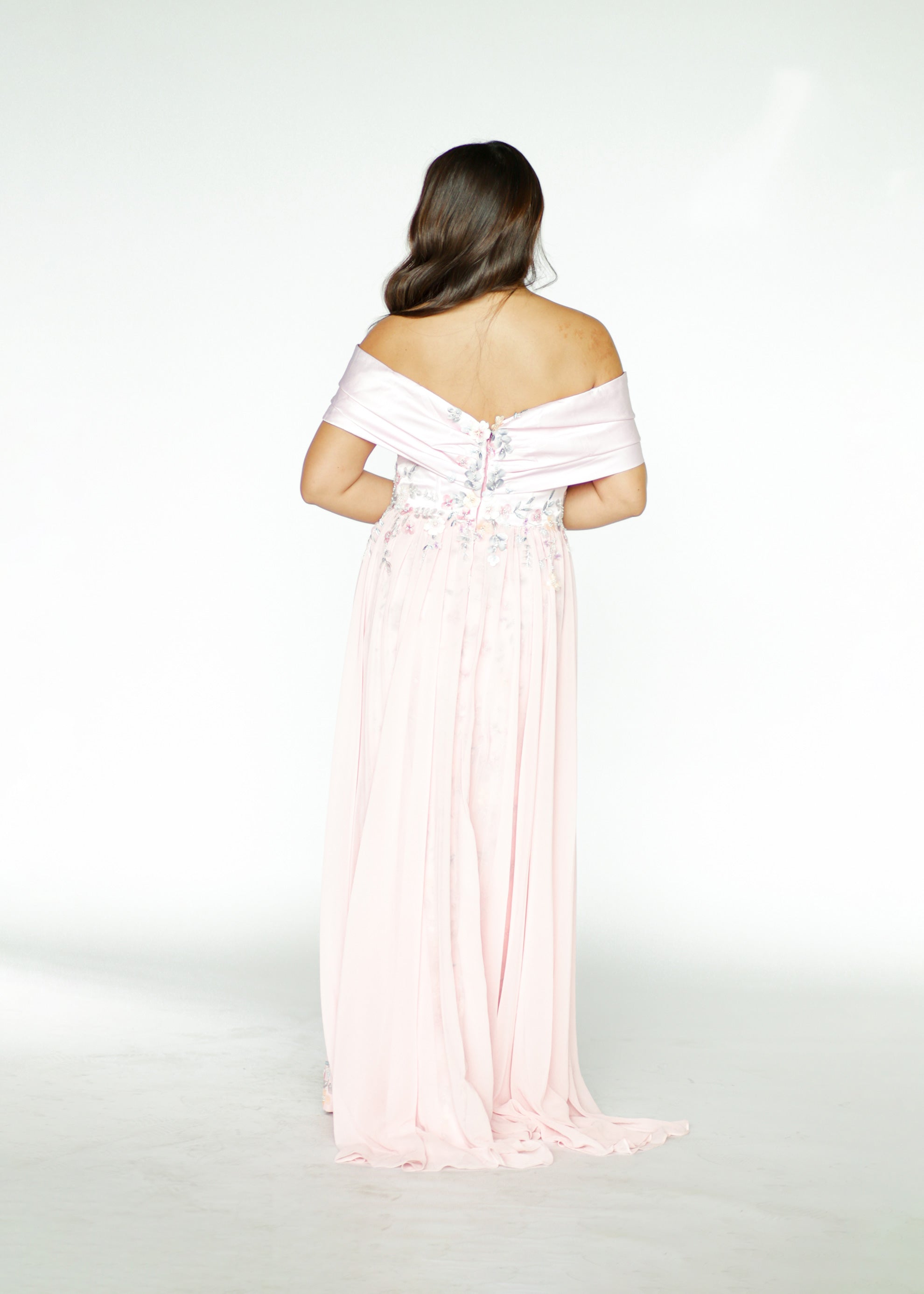 Pink Off Shoulder Formal Gown with Floral Details