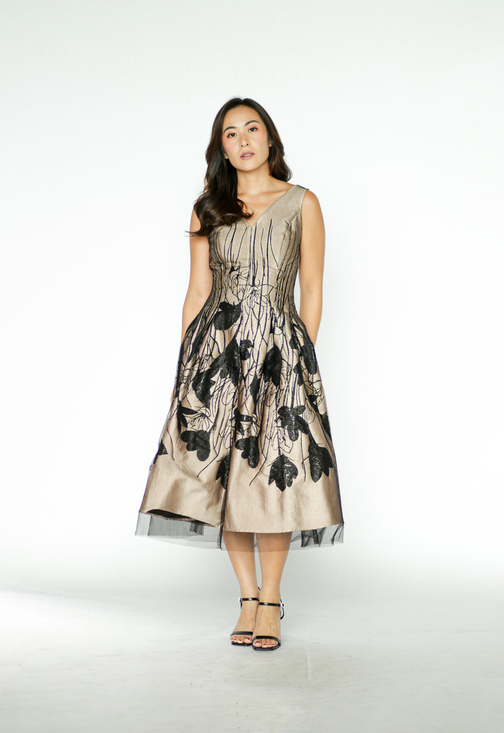 Nude Midi Dress with Black Floral Detail