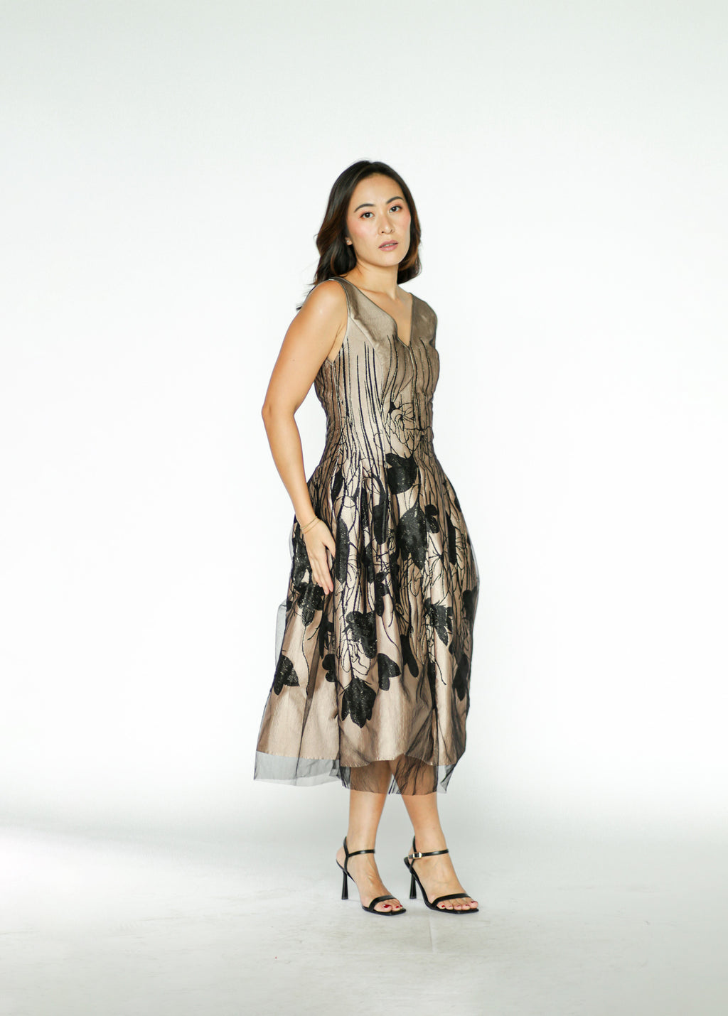Nude Midi Dress with Black Floral Detail