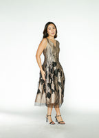 Nude Midi Dress with Black Floral Detail