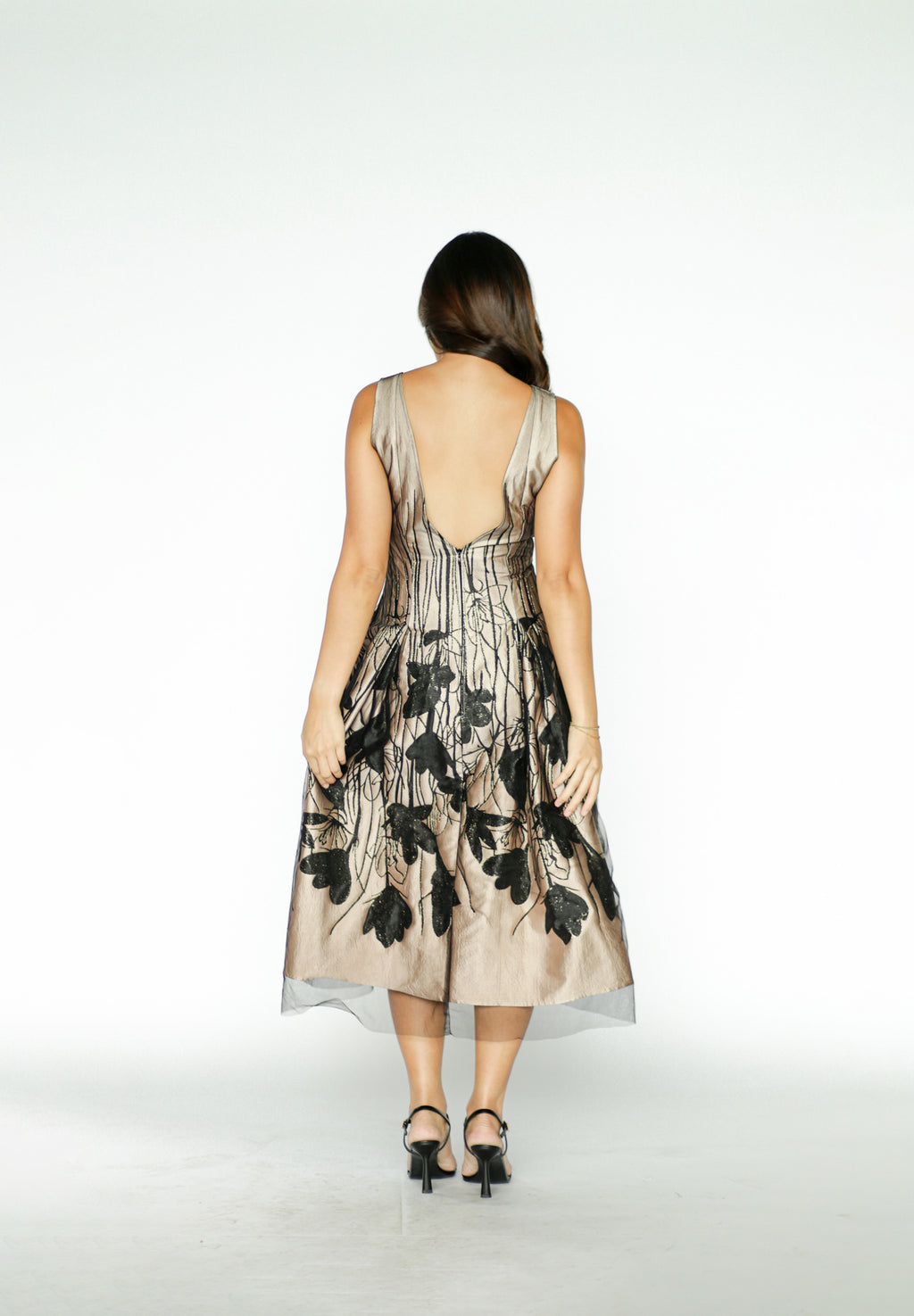 Nude Midi Dress with Black Floral Detail