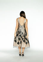 Nude Midi Dress with Black Floral Detail