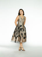 Nude Midi Dress with Black Floral Detail