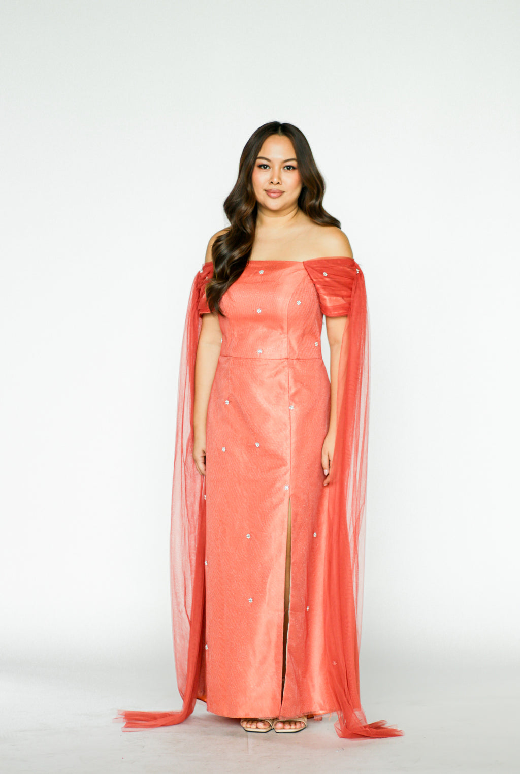 Rust Formal Gown with Pearl Details