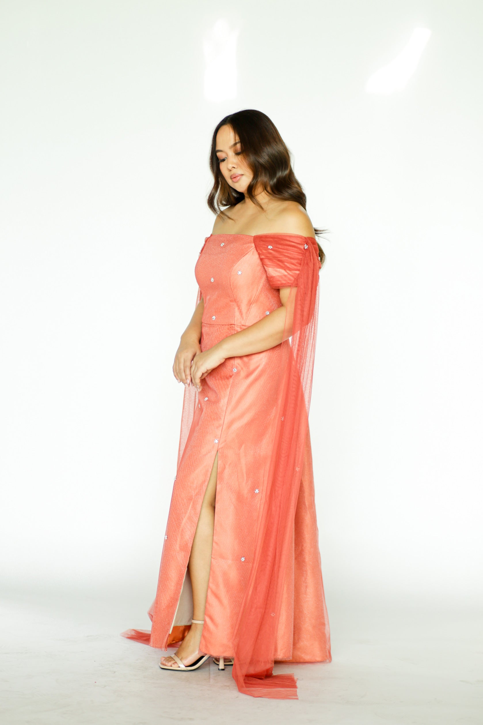 Rust Formal Gown with Pearl Details