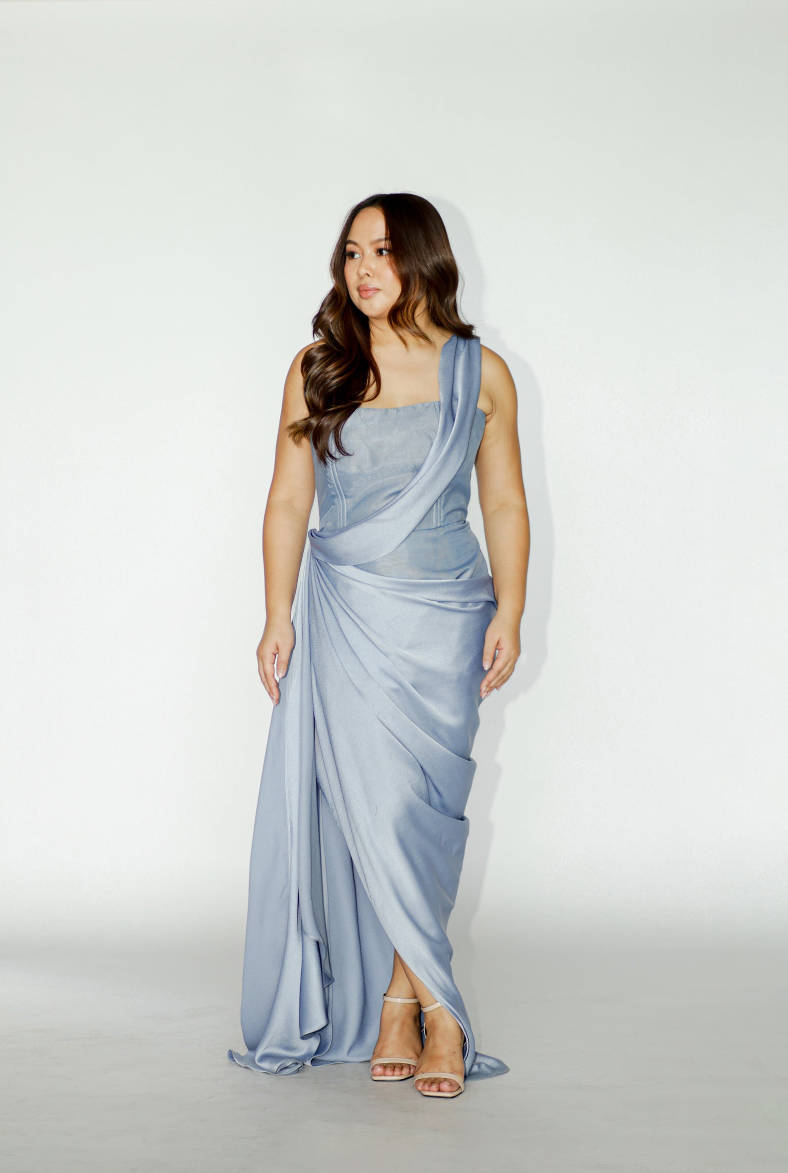 Dusty Blue Satin Asymmetrical Dress