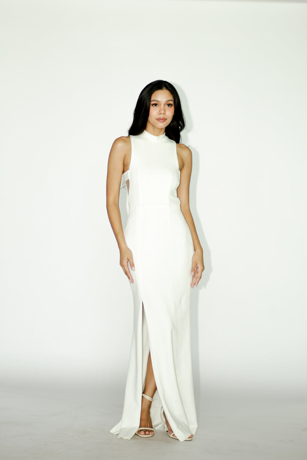 High Neck Side Cut White Maxi Dress with Slit