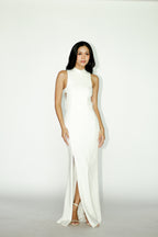 High Neck Side Cut White Maxi Dress with Slit