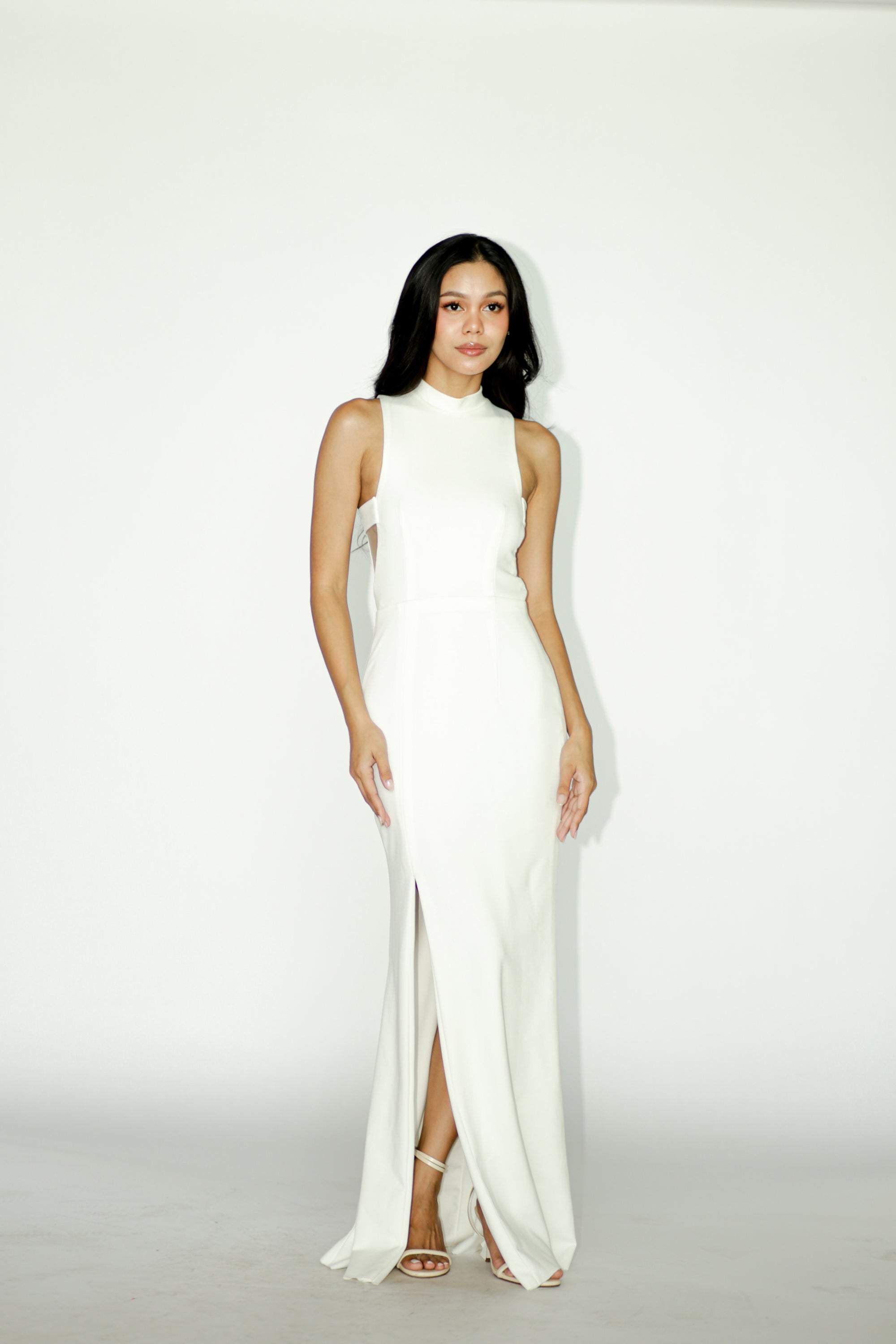 High Neck Side Cut White Maxi Dress with Slit