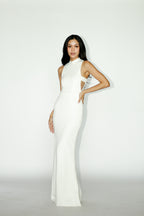 High Neck Side Cut White Maxi Dress with Slit