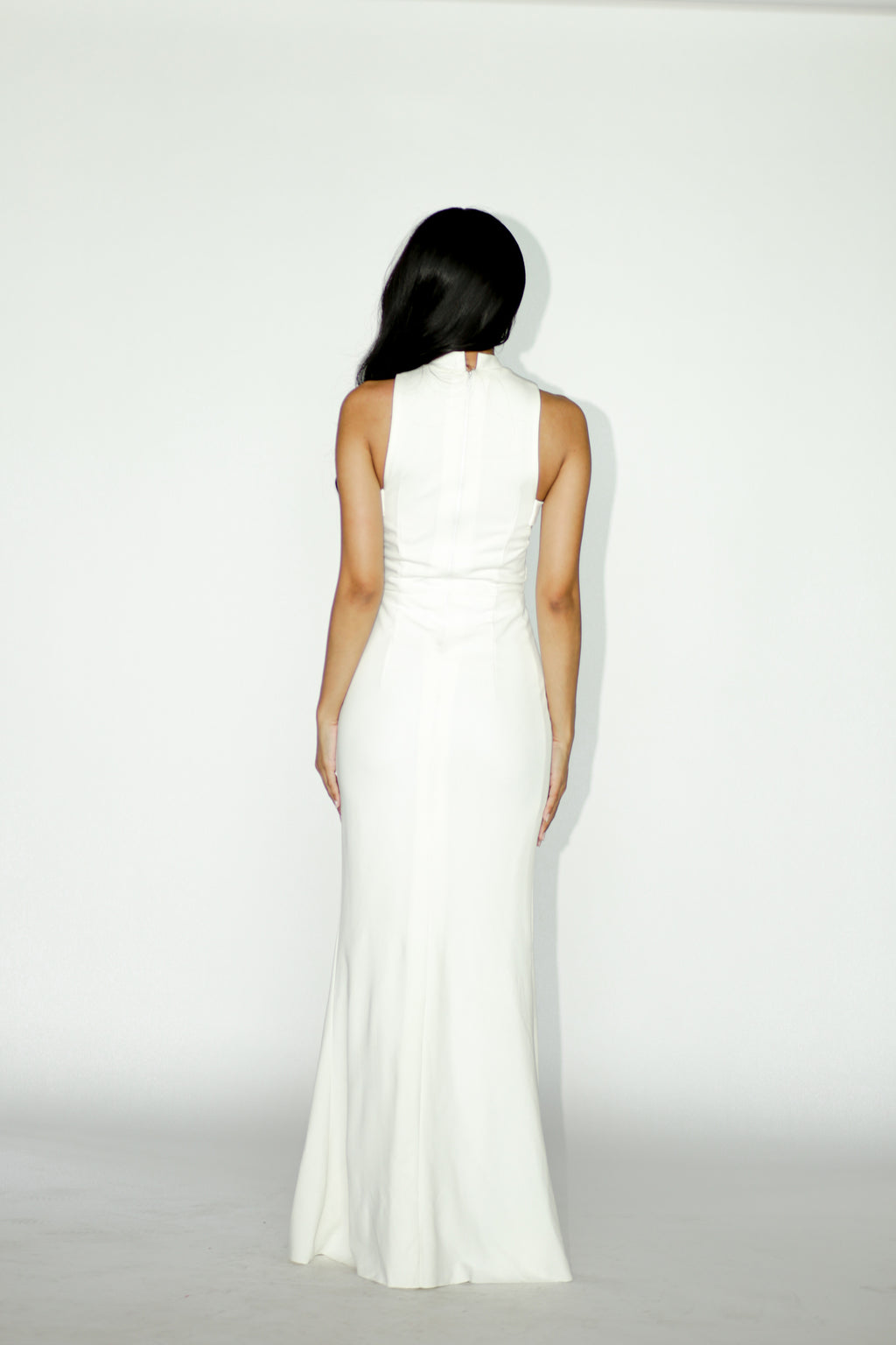 High Neck Side Cut White Maxi Dress with Slit