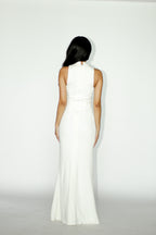 High Neck Side Cut White Maxi Dress with Slit