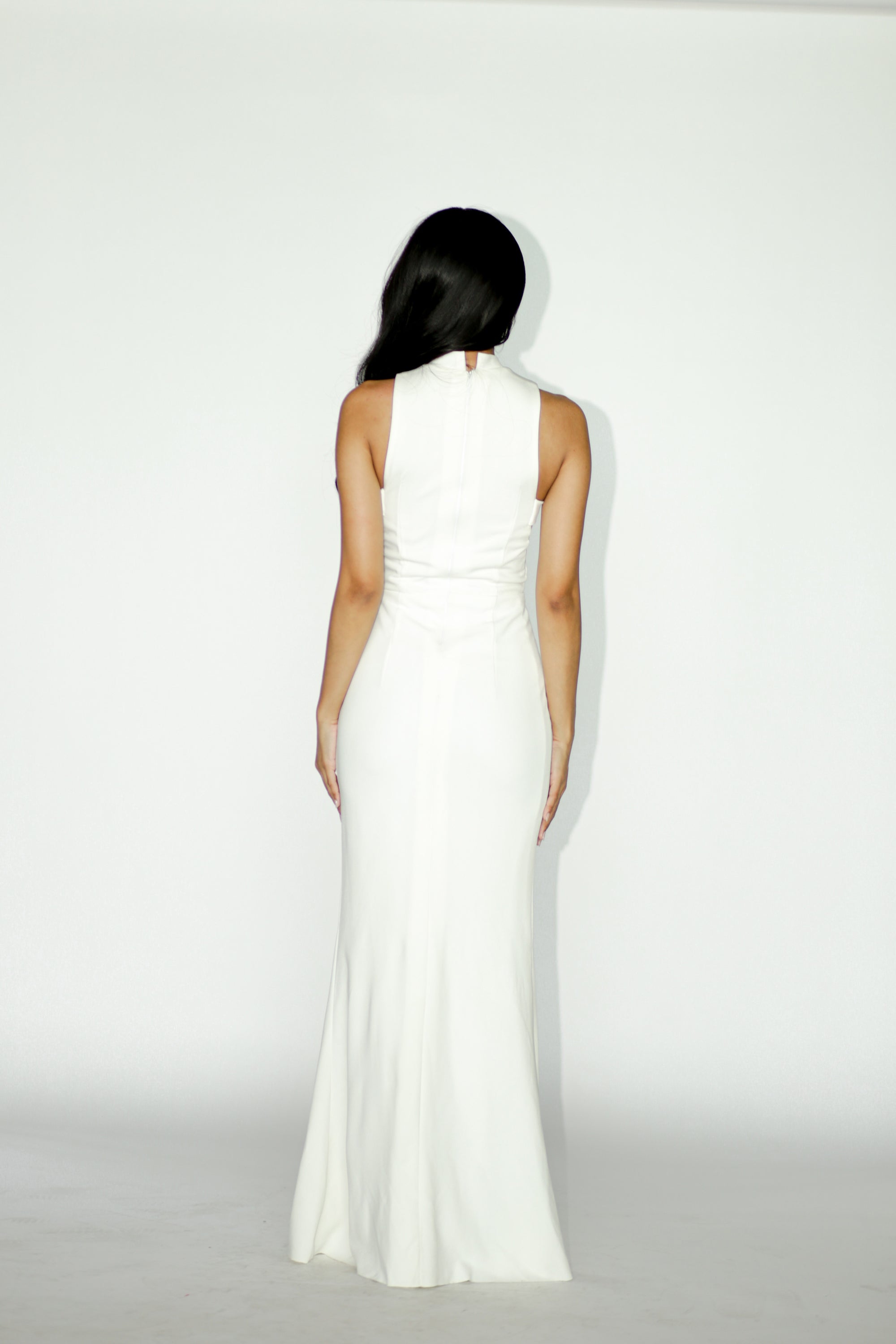 High Neck Side Cut White Maxi Dress with Slit