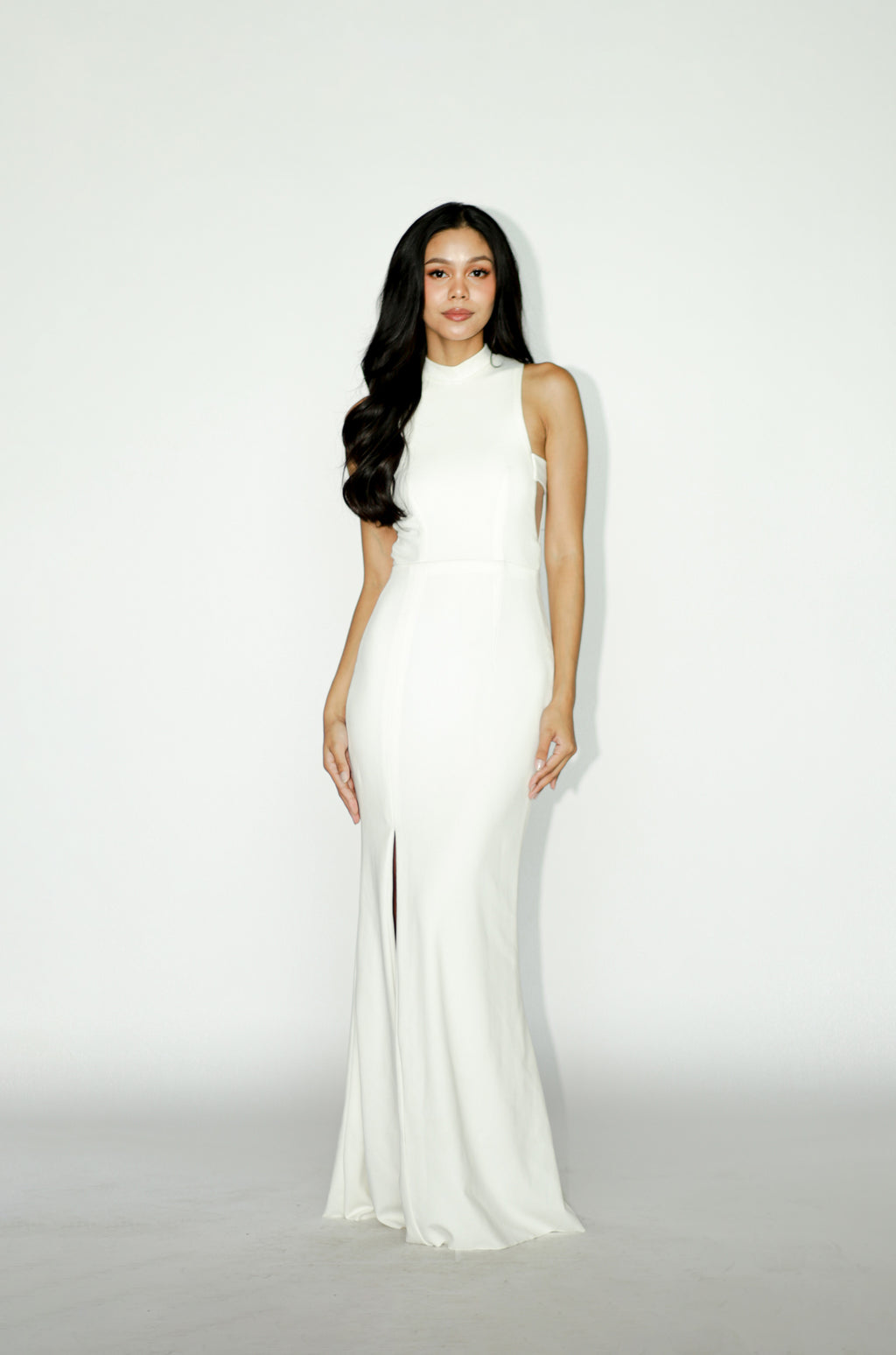 High Neck Side Cut White Maxi Dress with Slit