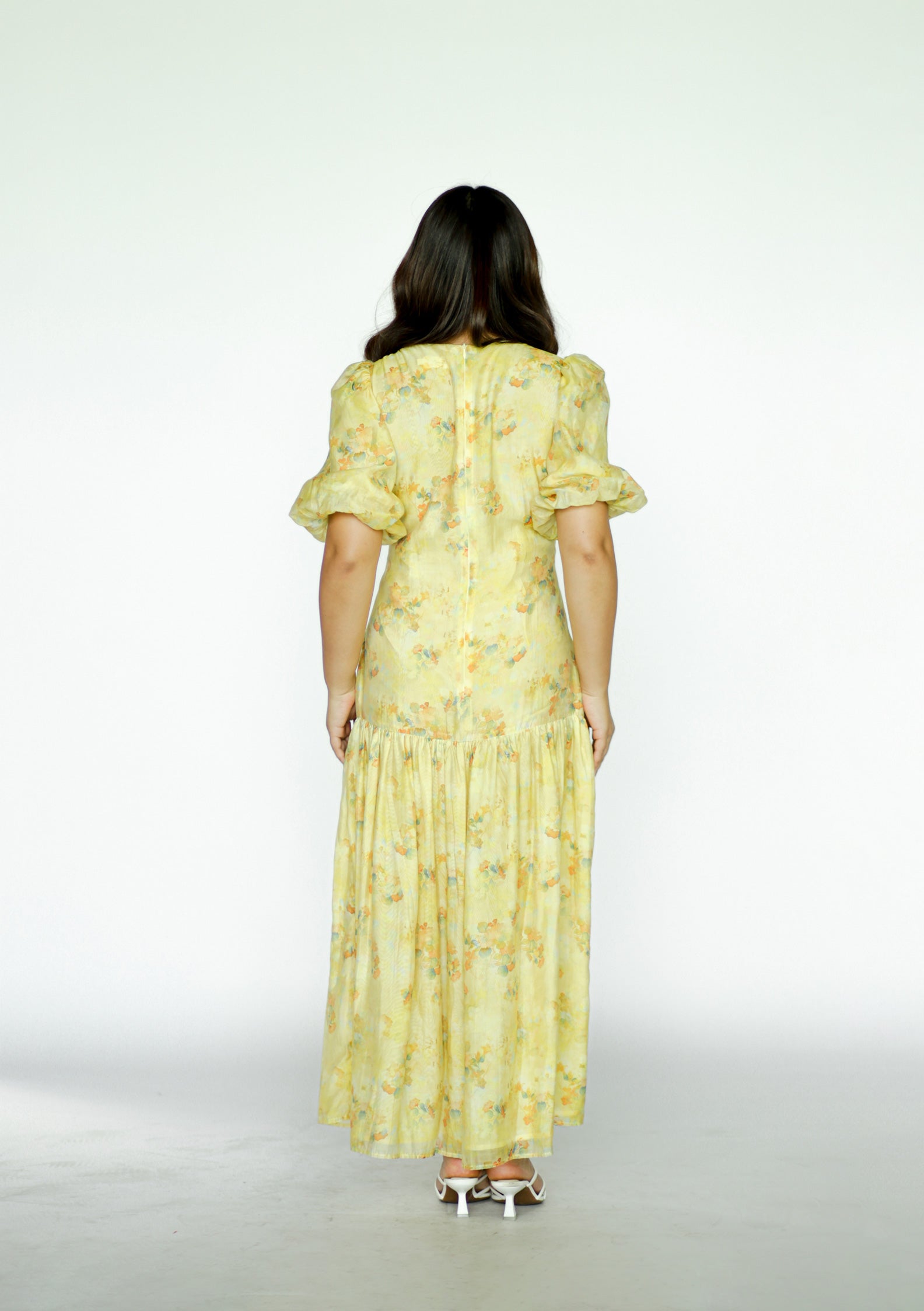 Yellow Floral Puff Sleeved Maxi Dress