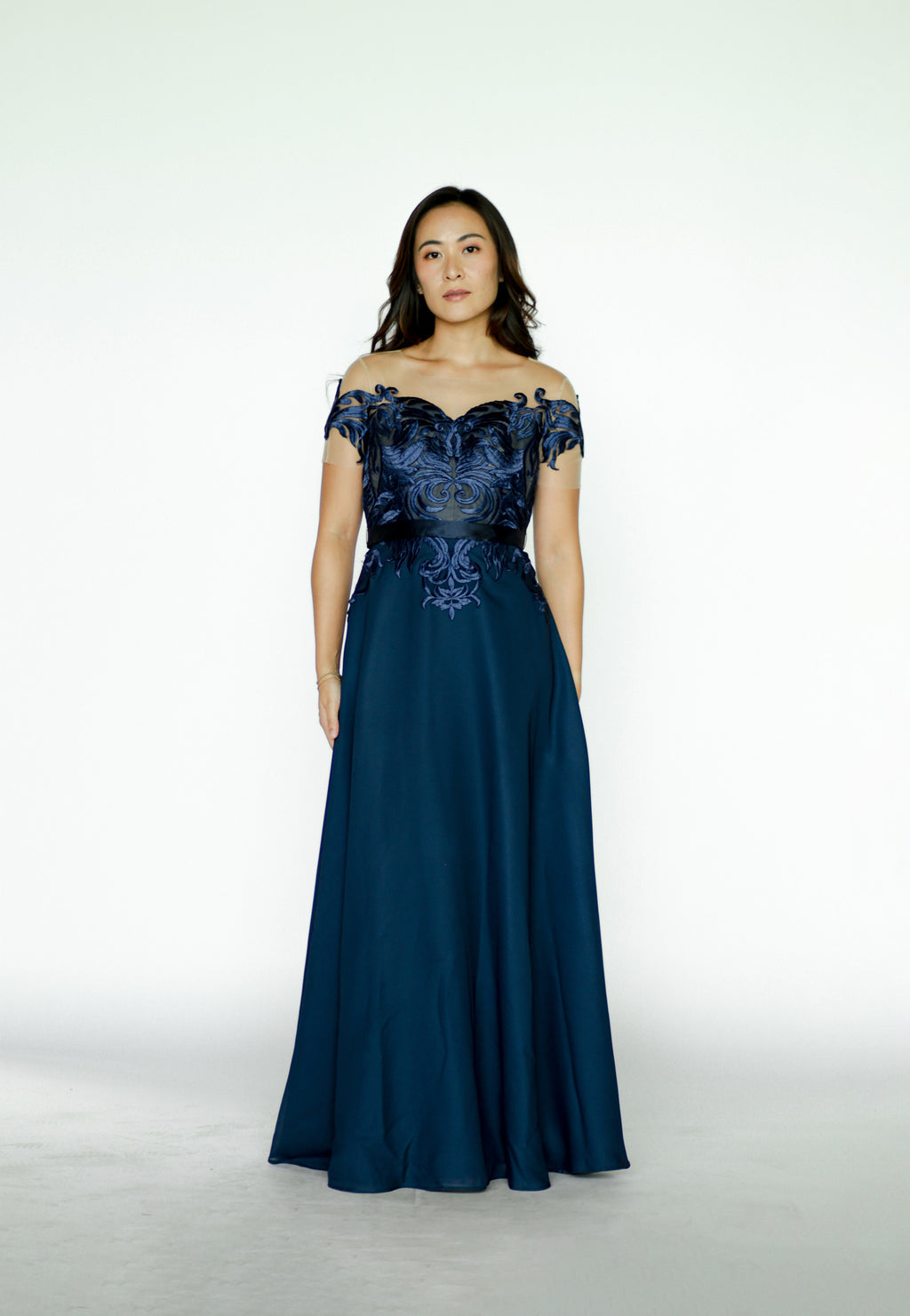 Navy Blue Maxi Dress with Lace Detail on Top