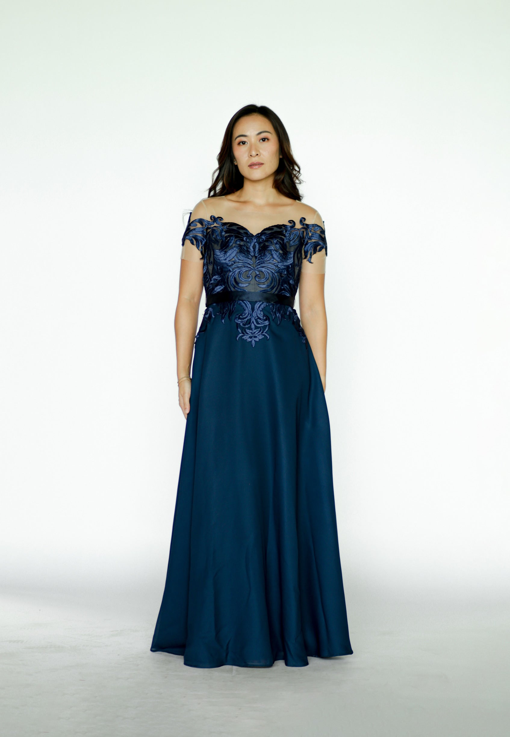 Navy Blue Maxi Dress with Lace Detail on Top