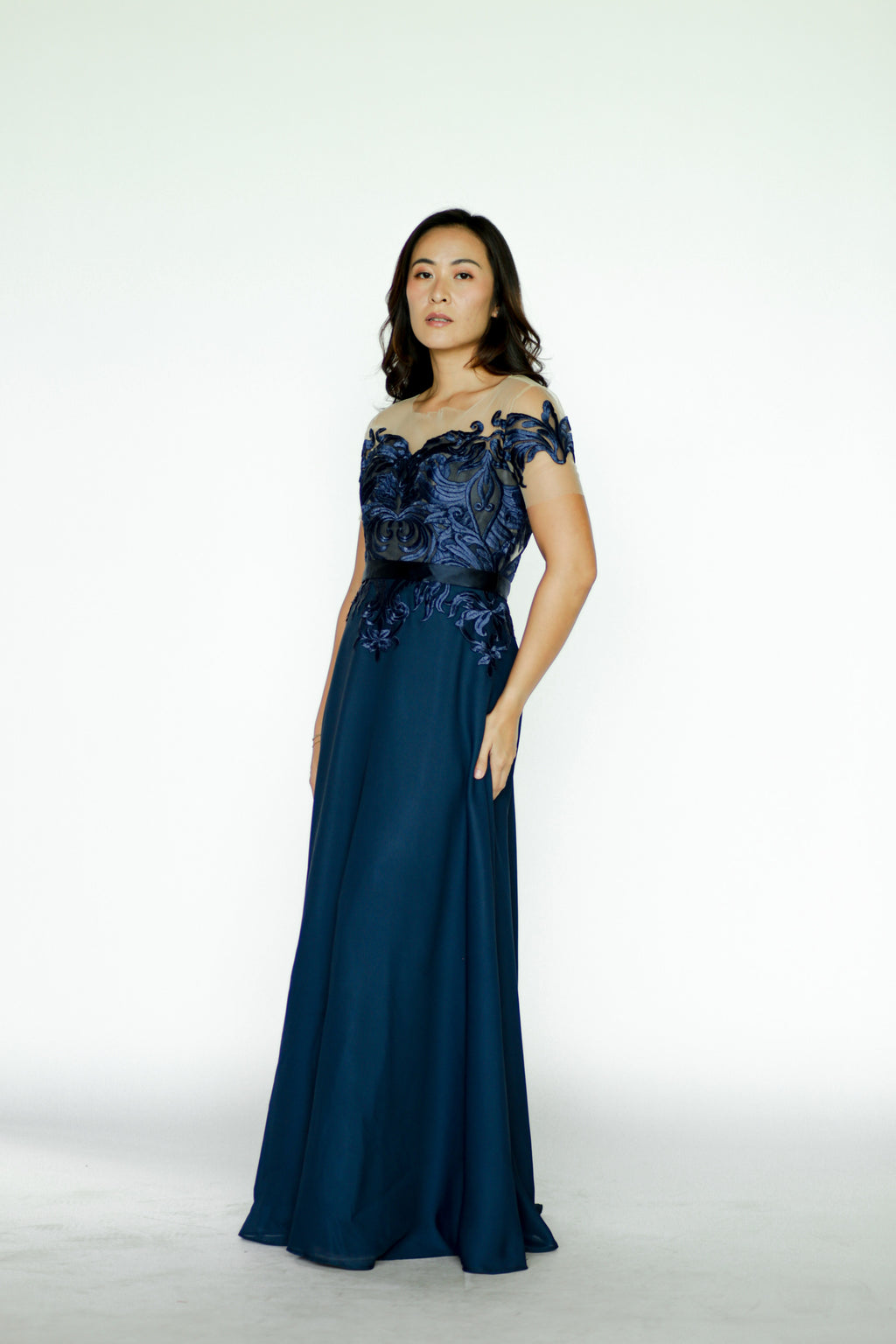Navy Blue Maxi Dress with Lace Detail on Top