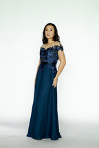 Navy Blue Maxi Dress with Lace Detail on Top